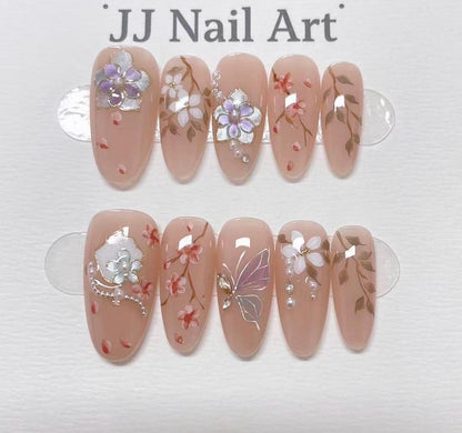 Plum Blossoms Hand Painted Press On Nails: Custom Shape Reusable Nail Set