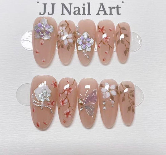 Plum Blossoms Hand Painted Press On Nails: Custom Shape Reusable Nail Set
