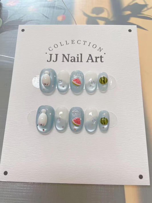 Handmade 3D Watermelon Cat Eye Press On Nails: Reusable Set