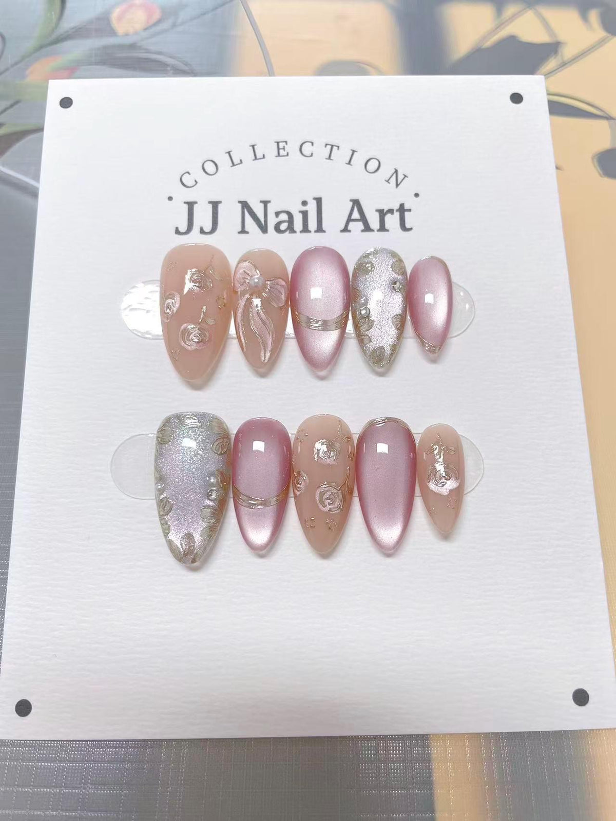 Hand Painted Rose Press On Nails: Cat Eye, Reusable Nail Set