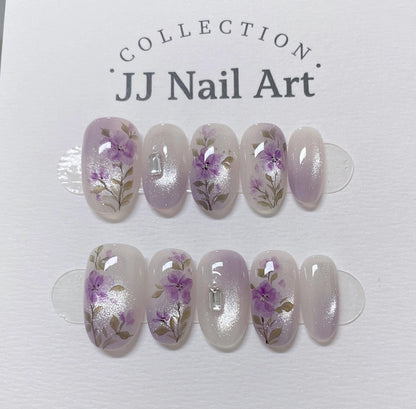 Handmade Purple Flowers Cat Eye Petals  Press On Nails: Reusable Set