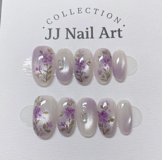 Handmade Purple Flowers Cat Eye Petals  Press On Nails: Reusable Set