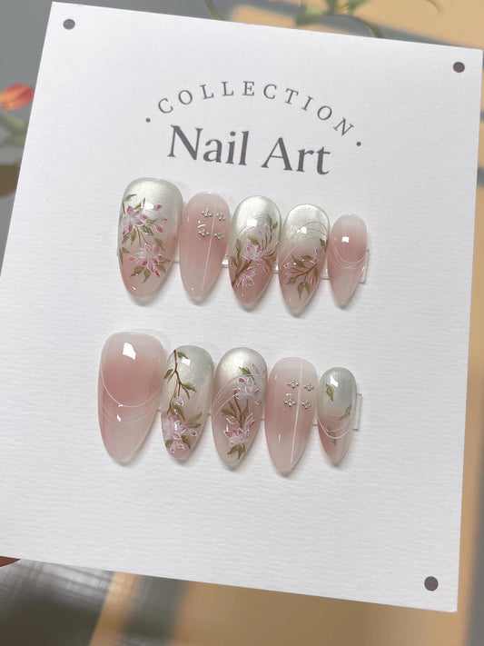 Spring Flower Press On Nails: Hand Painted Reusable Faux Nails