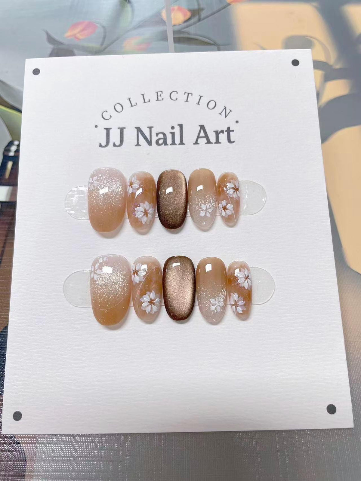 White Petals Brownish Cat Eye Press On Nails: Custom Shape Reusable Nail Set