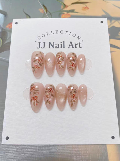Handmade Cat Eye Red Flowers Press On Nails: Reusable Set