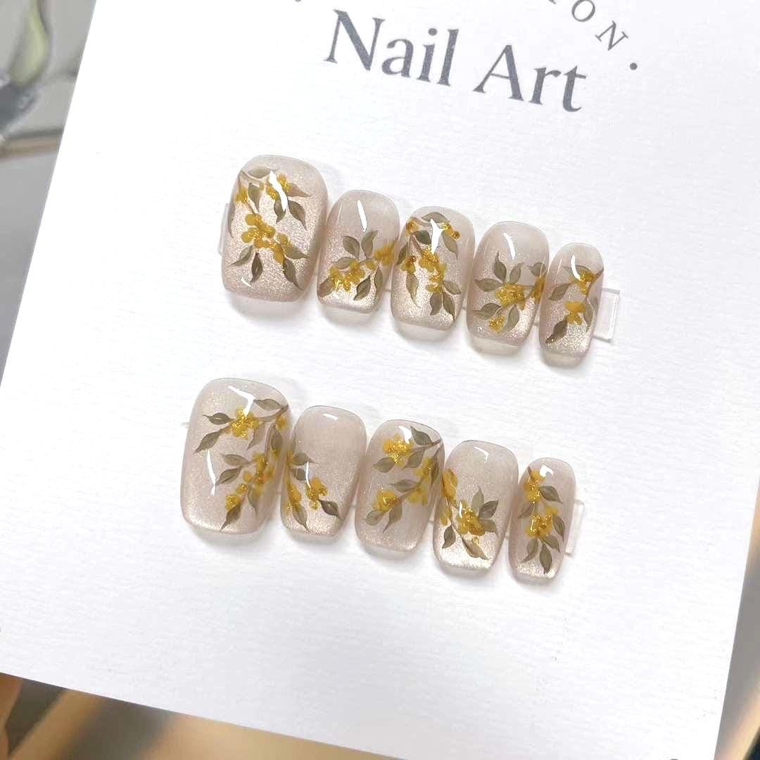 Handmade Fall Flower Press On Nails: Reusable Gel Faux Nails