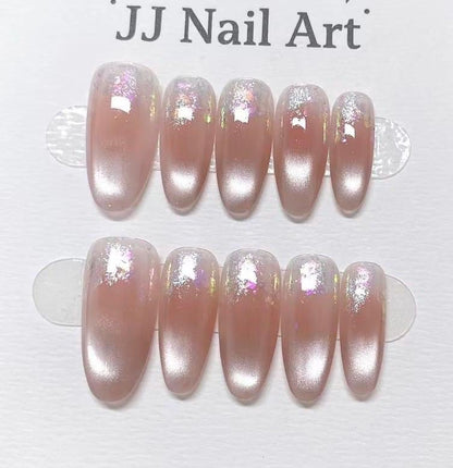 Crystal Cat Eye Hand Painted Press On Nails: Custom Shape Reusable Nail Set
