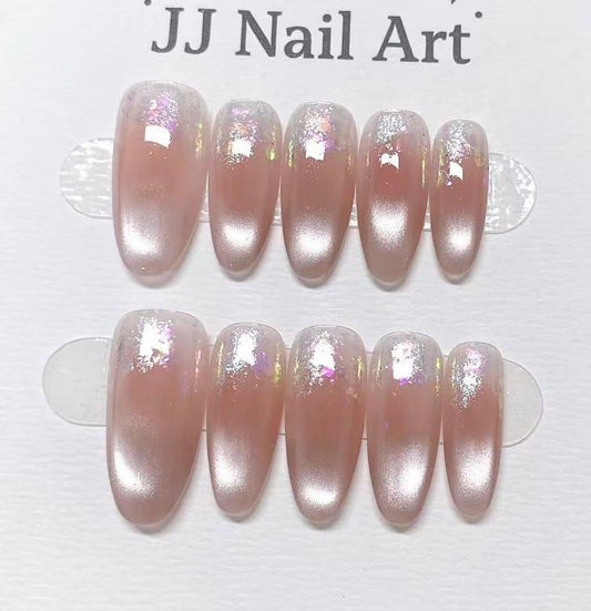 Crystal Cat Eye Hand Painted Press On Nails: Custom Shape Reusable Nail Set
