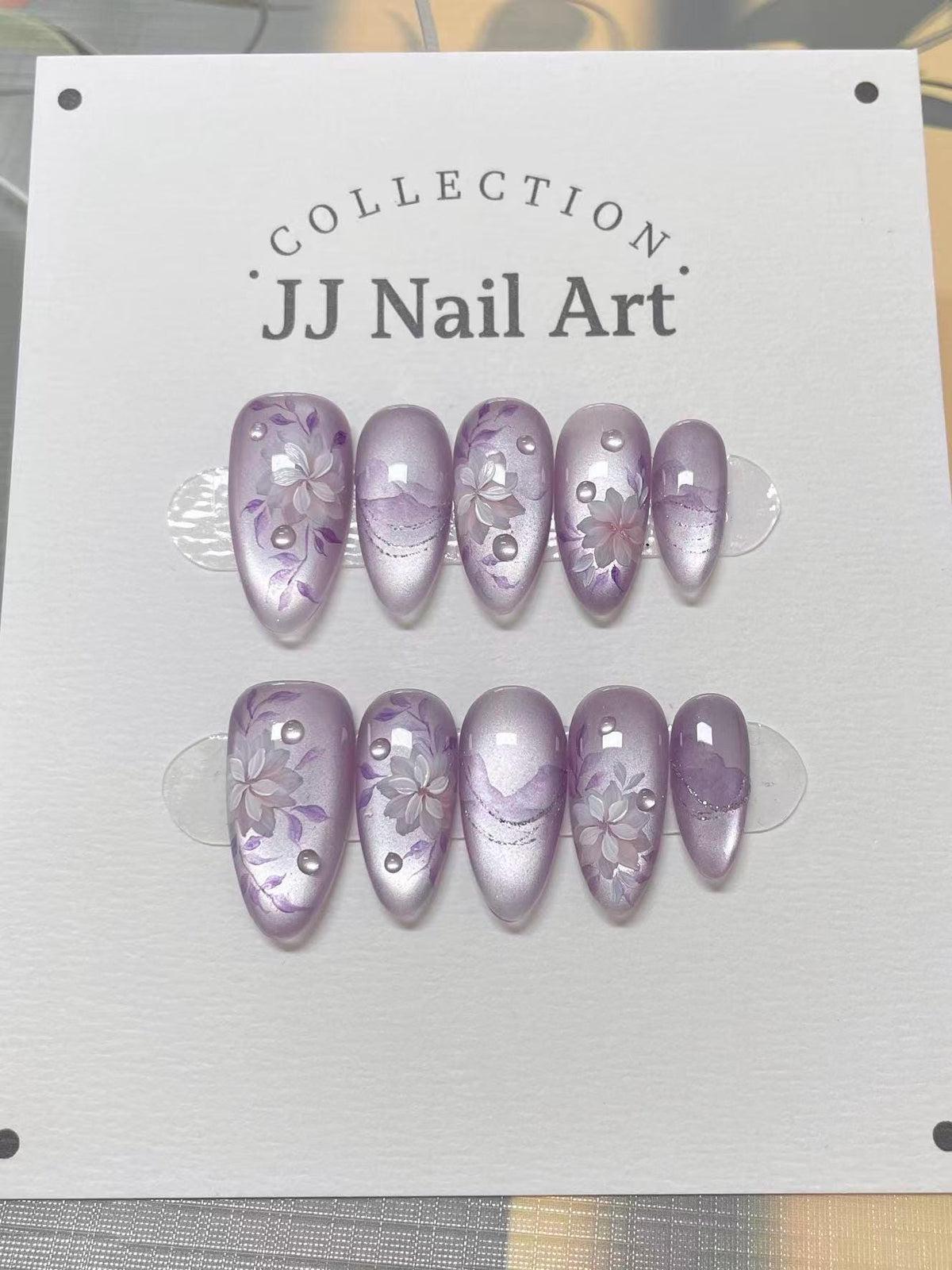 Purple Cat Eye W Petals Press On Nails: Hand Painted Reusable Custom Shape Nails