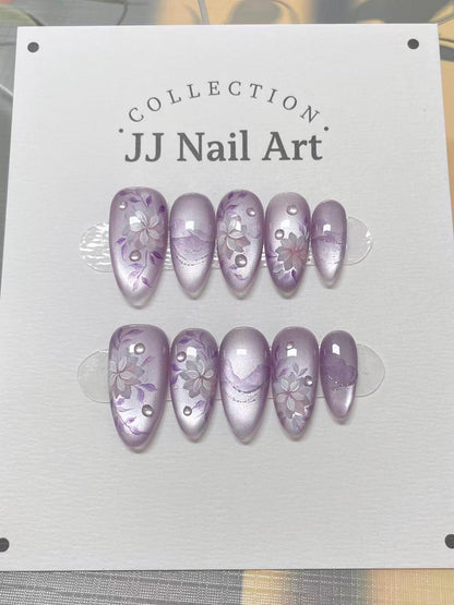 Purple Cat Eye W Petals Press On Nails: Hand Painted Reusable Custom Shape Nails