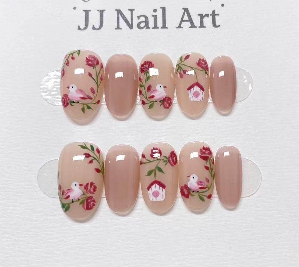 Birds And Flower Press On Nails: Custom Shape Reusable Nail Set