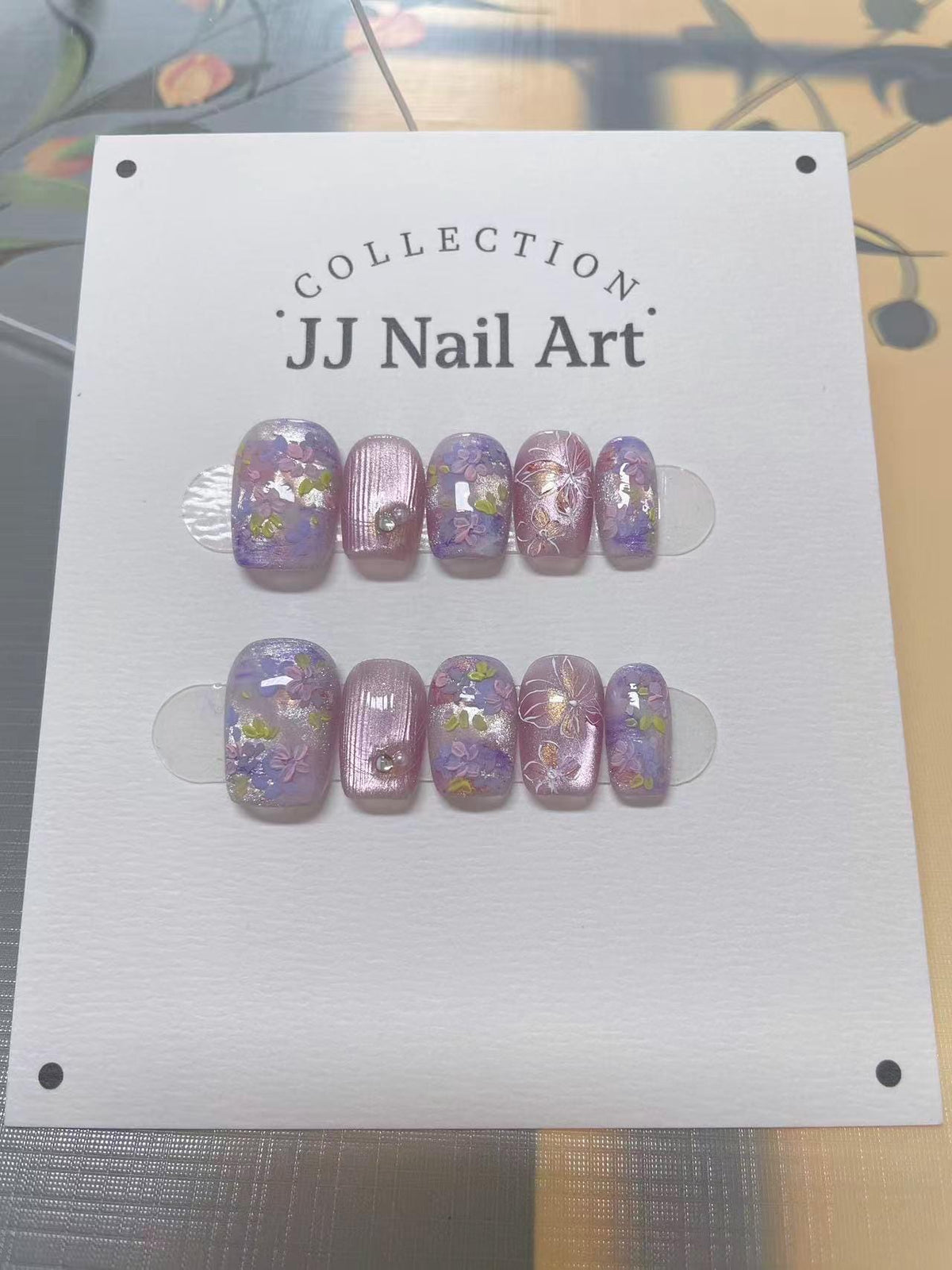 Hand Painted Floral Cat Eye Press On Nails: Reusable Custom Shape Set
