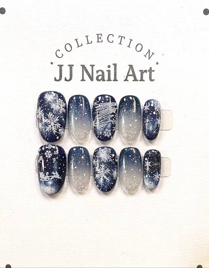 Winter Snowy Cat Eye Press On Nails: Hand Painted Reusable Faux Nails